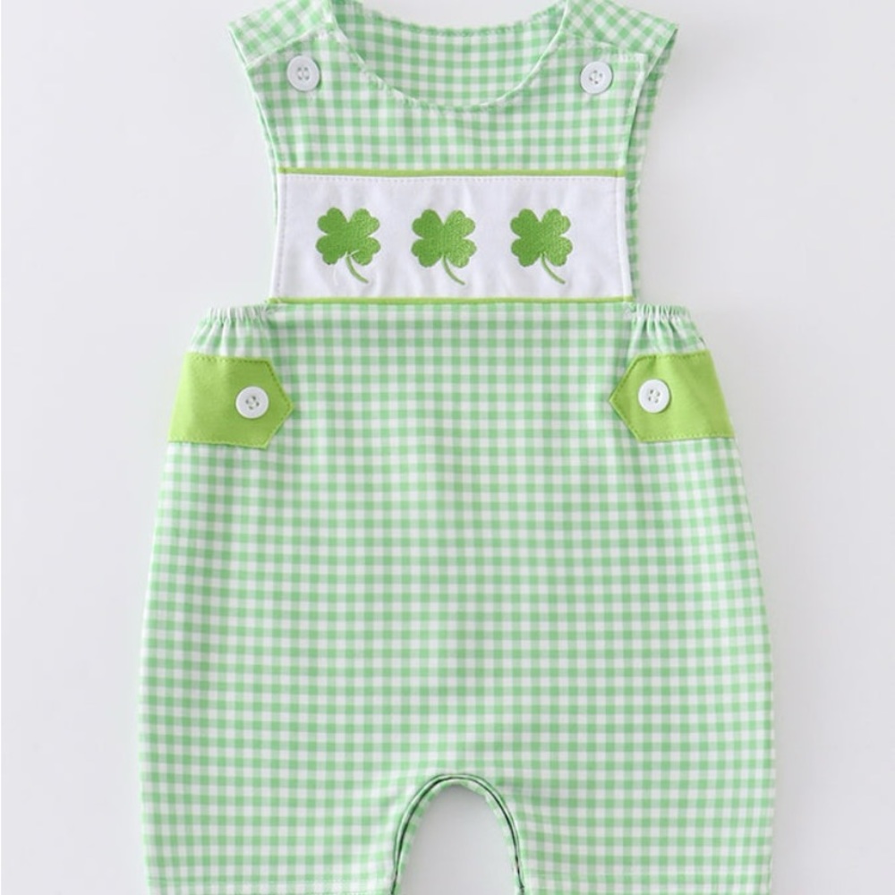 New Baby Boys Green Check Clover Embroidered Jonjon